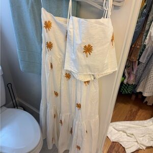 Skirt set White with Orange Palm Tree Embroidery